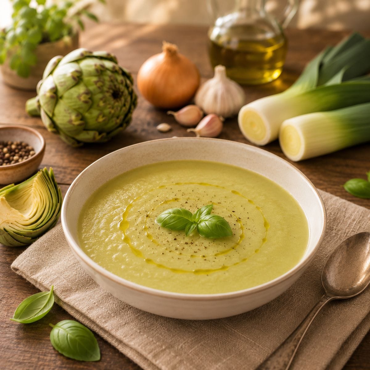 Crema de alcachofa casera con puerro, cebolla y ajo, decorada con albahaca fresca y aceite de oliva.