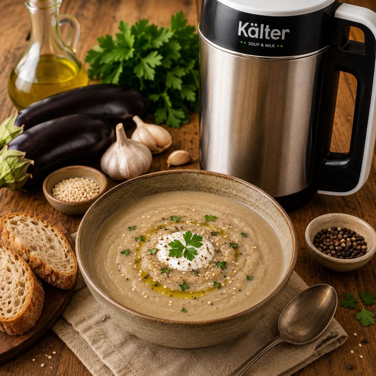Crema de berenjenas casera preparada en la Soup Maker KALTER, decorada con yogur, perejil, aceite de oliva y semillas de sésamo.