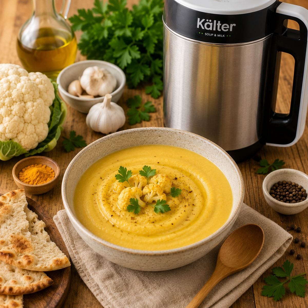 Crema de coliflor y curry preparada en la Soup Maker KALTER, decorada con floretes de coliflor, perejil fresco y pimienta negra.