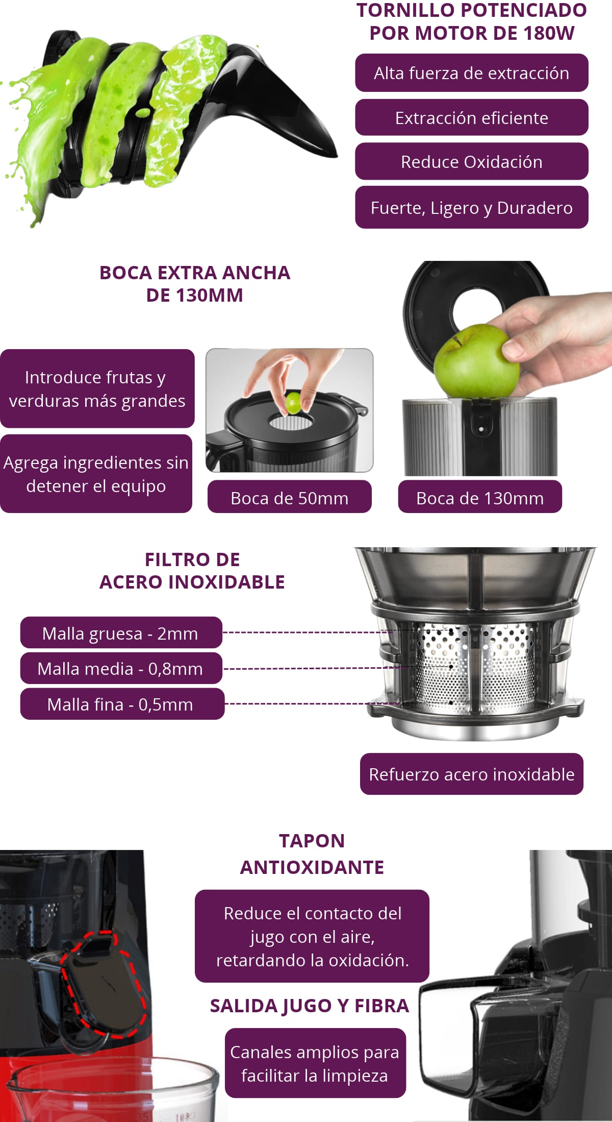 Infografía del extractor KALTER SJ-026 con motor de 180 W, boca de alimentación de 130 mm, filtro de acero inoxidable y sistema de salida de jugo y pulpa.