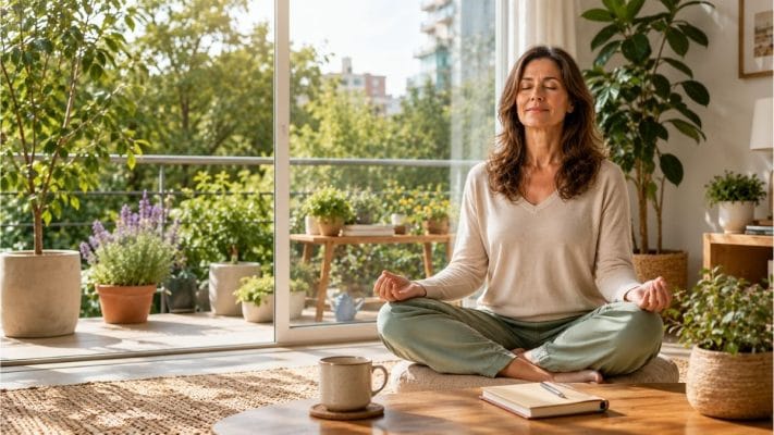 Mujer practicando meditación en un ambiente tranquilo y luminoso para reducir el estrés y favorecer el bienestar.