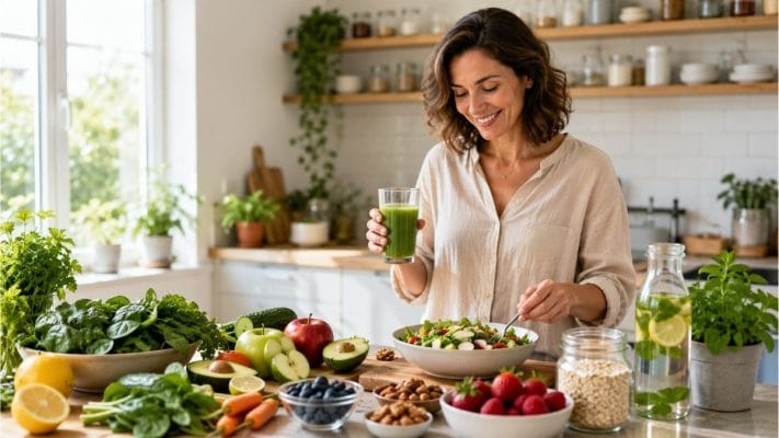 Mujer preparando un jugo verde y una ensalada con frutas y verduras frescas en una cocina luminosa.