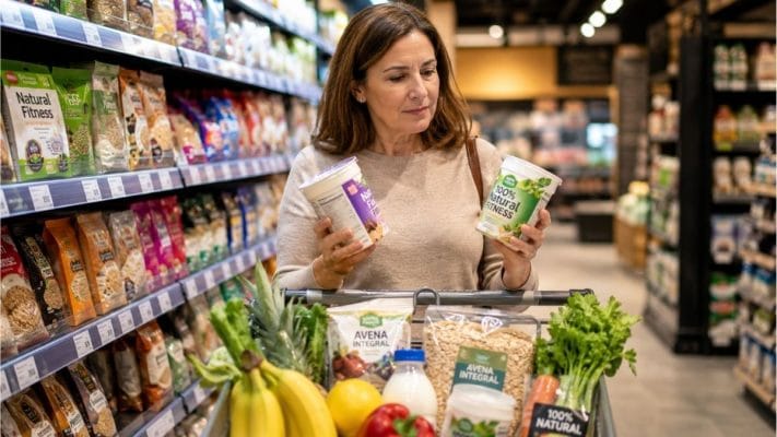 Mujer comparando etiquetas nutricionales de alimentos en un supermercado para elegir opciones más saludables.