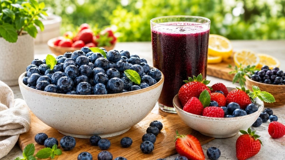 Arándanos frescos junto a un jugo natural prensado en frío y frutas en una cocina iluminada