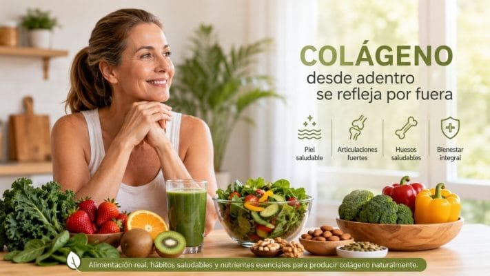 Mujer con alimentación saludable junto a frutas, verduras y jugo natural para favorecer la producción de colágeno