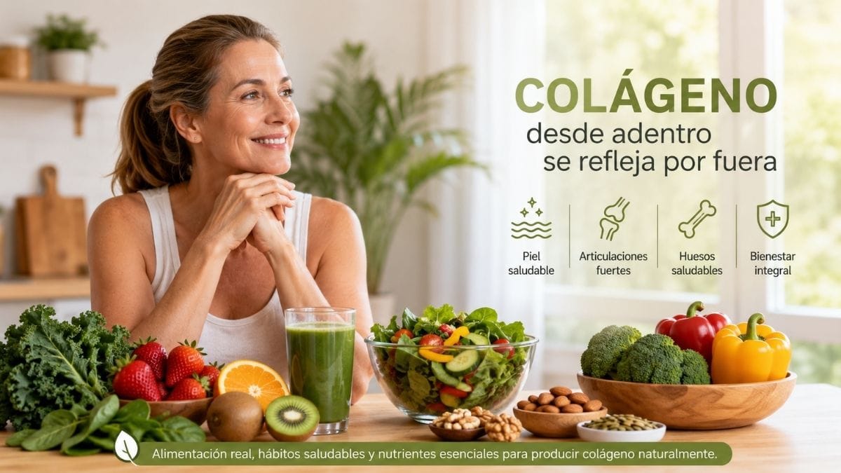Mujer con alimentación saludable junto a frutas, verduras y jugo natural para favorecer la producción de colágeno