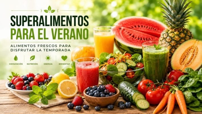 Superalimentos para el verano con frutas, verduras, ensaladas y jugos naturales frescos