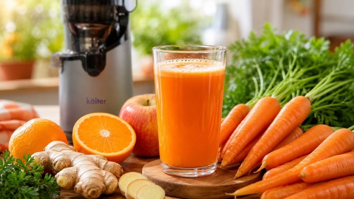 Jugo de zanahoria preparado con zanahorias frescas y frutas naturales