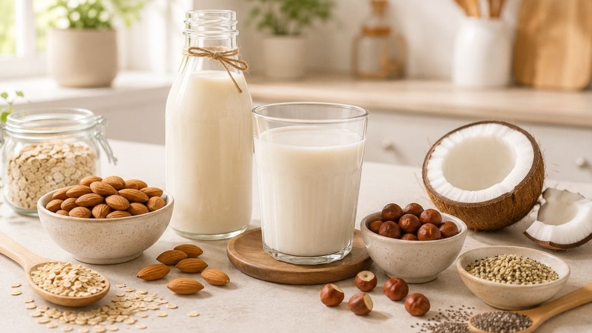 Leches vegetales caseras preparadas con ingredientes naturales como almendras, avena, coco y avellanas.