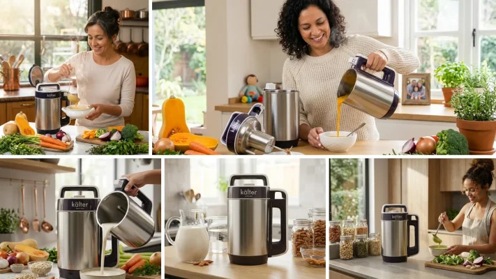 Máquina para Sopas y Leches KALTER preparando una sopa casera y una leche vegetal con programas automáticos para diferentes recetas.