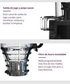 Amplia salida de jugo y pulpa, además de foto del filtro de acero inoxidable en tres niveles de Extractor de Jugo Prensado en Frío KALTER SJ-026
