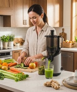 mujer preparando jugo de manzana y pepino con extractor de jugo prensado en frío kalter sj-026