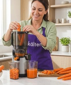 mujer preparando jugo de zanahoria con extractor de jugo prensado en frío kalter sj-026