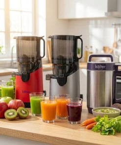 las 3 máquinas KALTER junto a varias preparaciones de jugo y una crema verde