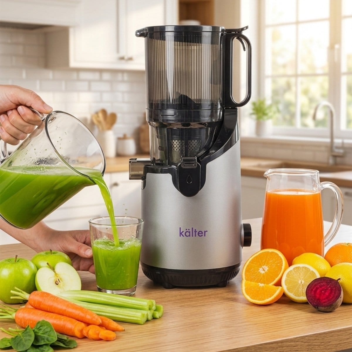Slow Juicer KALTER SJ-026 y persona sirviendo jugos