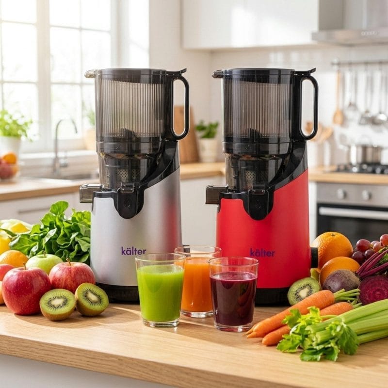 Slow Juicer KALTER SJ-026 gris y rojo junto a distintos jugos e ingredientes