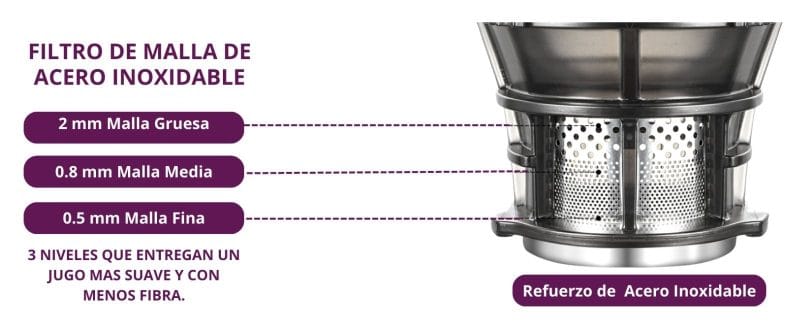 Filtro de Acero Inoxidable de 3 niveles de prensador Kalter SJ-026 Slow Juicer