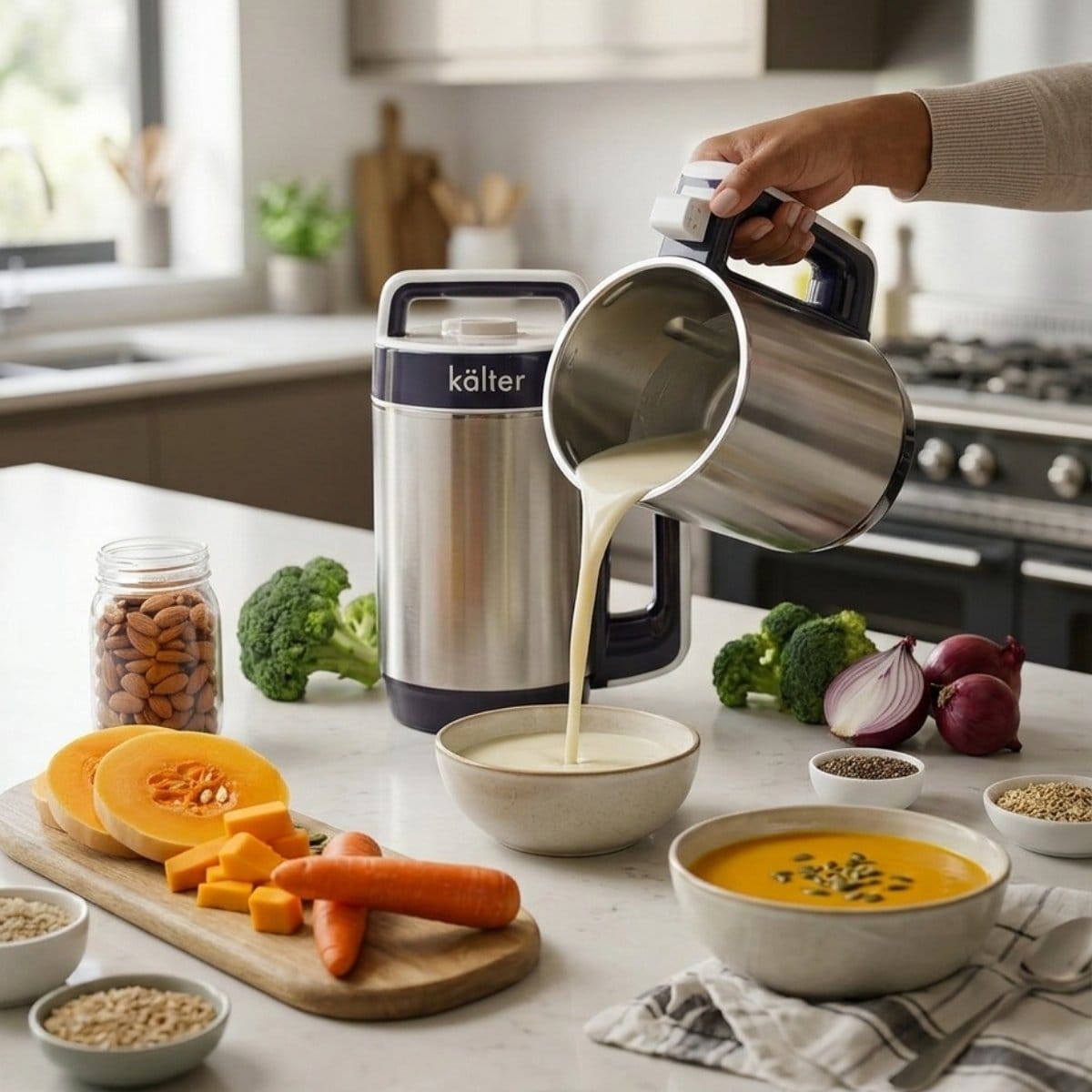 soup maker kalter junto a preparaciones de crema y leche de almendras