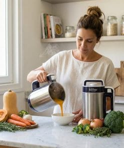 mujer sirviendo una crema de zapallo y zanahoria preparada con la soup maker kalter