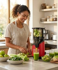 Mujer preparando jugo de manzana y apio con extractor de jugos kalter rojo