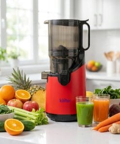 Slow Juicer kalter SJ-026 ROJO con ingredientes y vasos jugo