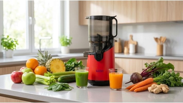 Frutas y verduras frescas para preparar jugos en un Slow Juicer KALTER