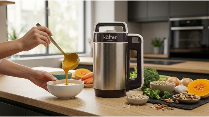 Máquina para Sopas y Leches KALTER preparando una sopa casera y una leche vegetal con programas automáticos para cocinar y mezclar.