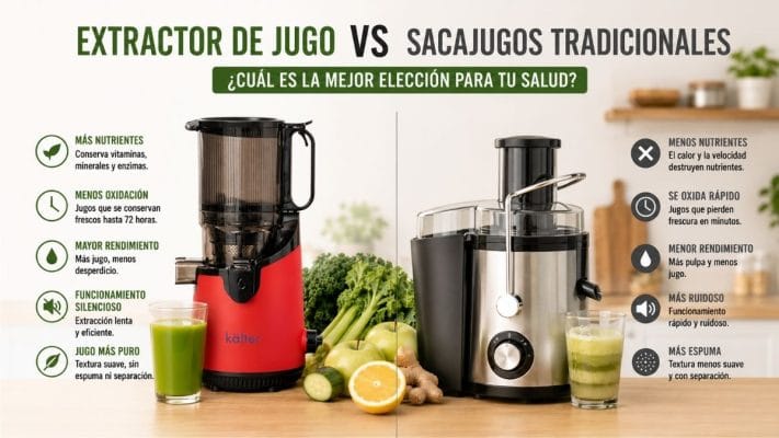 Comparación entre un Extractor de Jugo Prensado en Frío KALTER y un sacajugos tradicional para preparar jugos naturales.