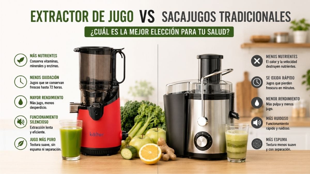 Comparación entre un Extractor de Jugo Prensado en Frío KALTER y un sacajugos tradicional para preparar jugos naturales.