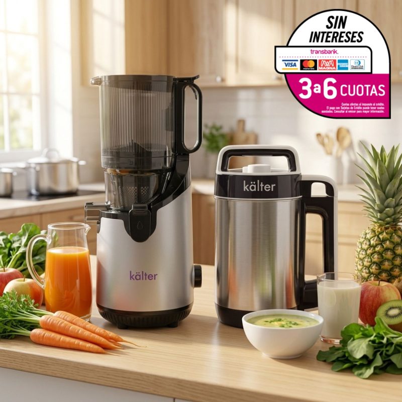 Extractor de jugo prensado en frío y Máquina para Sopas y Leches Vegetales KALTER junto a frutas, verduras, frutos secos, un jugo y una sopa casera.