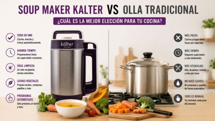 Comparativa entre la Soup Maker KALTER y una olla tradicional mostrando las principales diferencias para preparar sopas, cremas y leches vegetales.