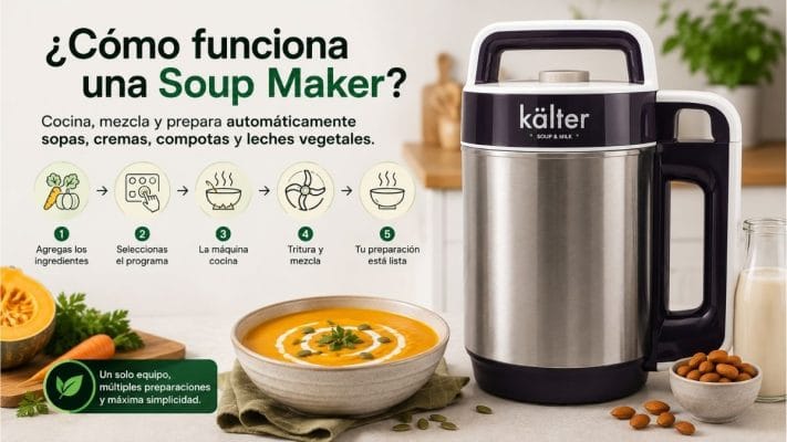Funcionamiento de la Máquina para Sopas y Leches KALTER preparando una crema de verduras y una leche vegetal casera.