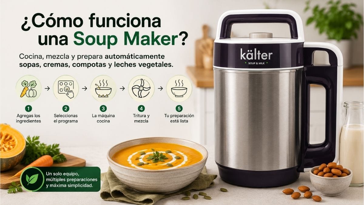 Funcionamiento de la Máquina para Sopas y Leches KALTER preparando una crema de verduras y una leche vegetal casera.