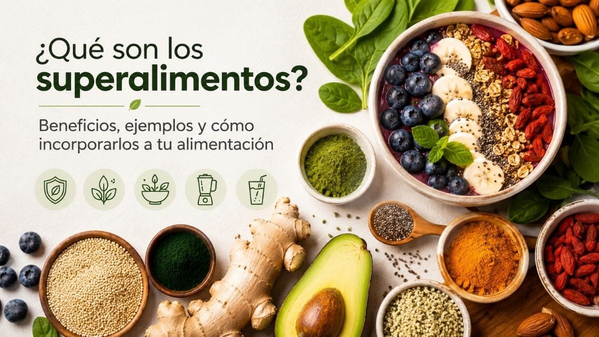 Superalimentos naturales como cúrcuma, espirulina, quinoa, chía, jengibre, palta y smoothie saludable.