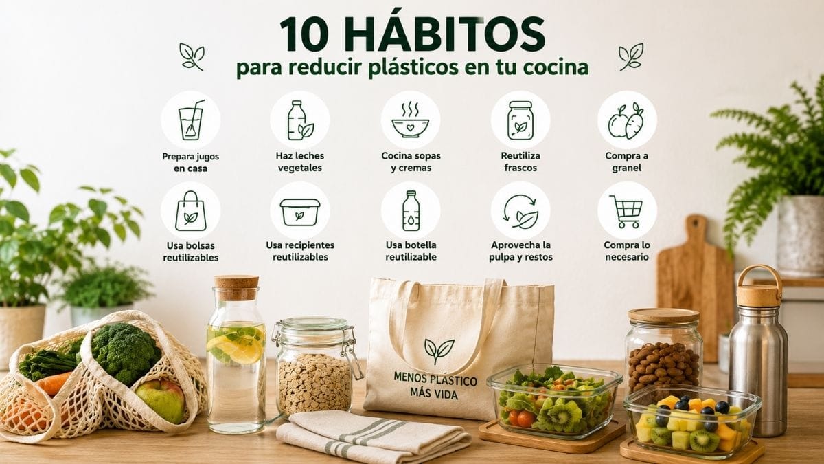 Bolsa reutilizable, frascos de vidrio, botella reutilizable, frutas y verduras frescas junto a recipientes reutilizables, representando hábitos para reducir el uso de plásticos en la cocina.