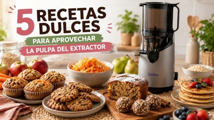 Extractor de Jugo Prensado en Frío KALTER junto a muffins, galletas, panqueques, queque y bolitas energéticas elaboradas con pulpa de frutas, mostrando recetas para aprovechar al máximo la pulpa del extractor.