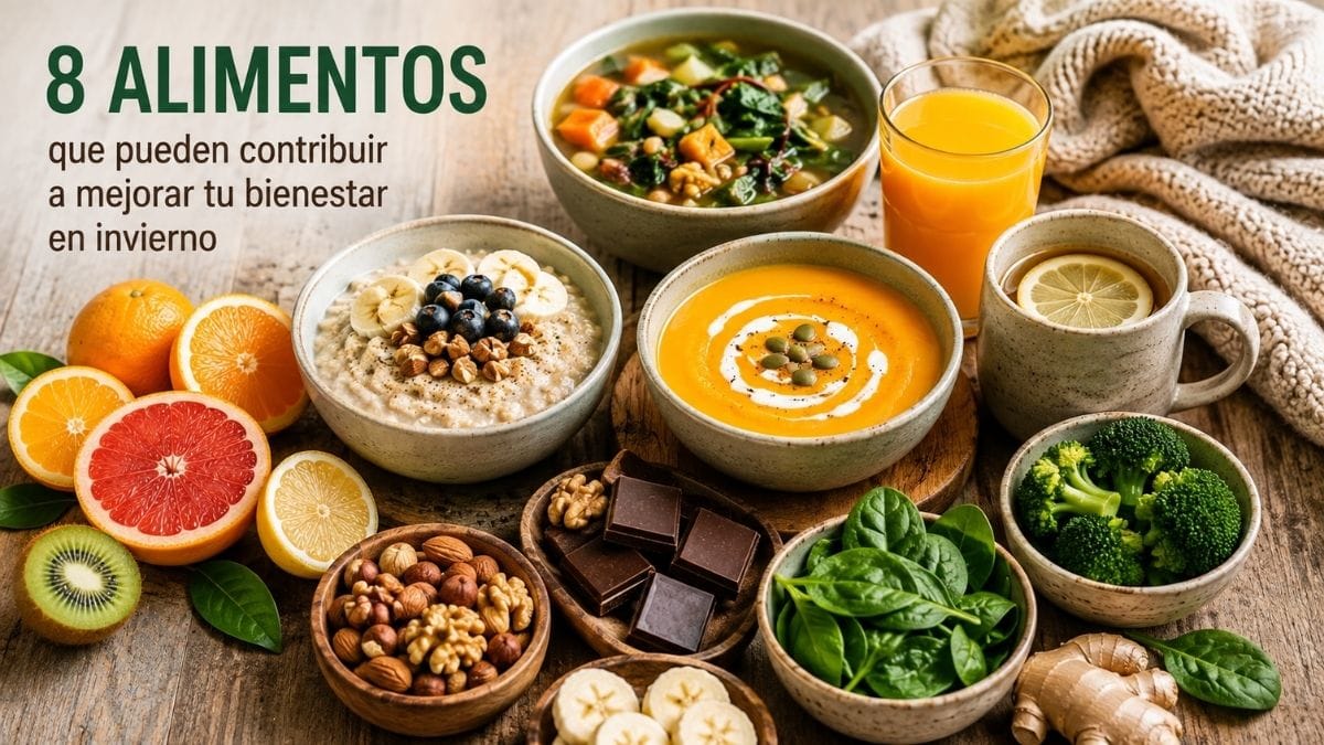 Sopa de verduras, frutas cítricas, avena, frutos secos, pescado, verduras de hoja verde y otros alimentos saludables representando una alimentación equilibrada para el invierno.