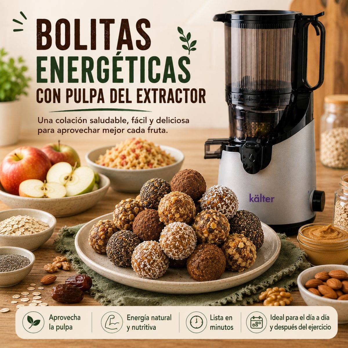Bolitas energéticas elaboradas con pulpa del Extractor de Jugo Prensado en Frío KALTER, acompañadas de avena, frutos secos, semillas y frutas frescas sobre una mesa de cocina.