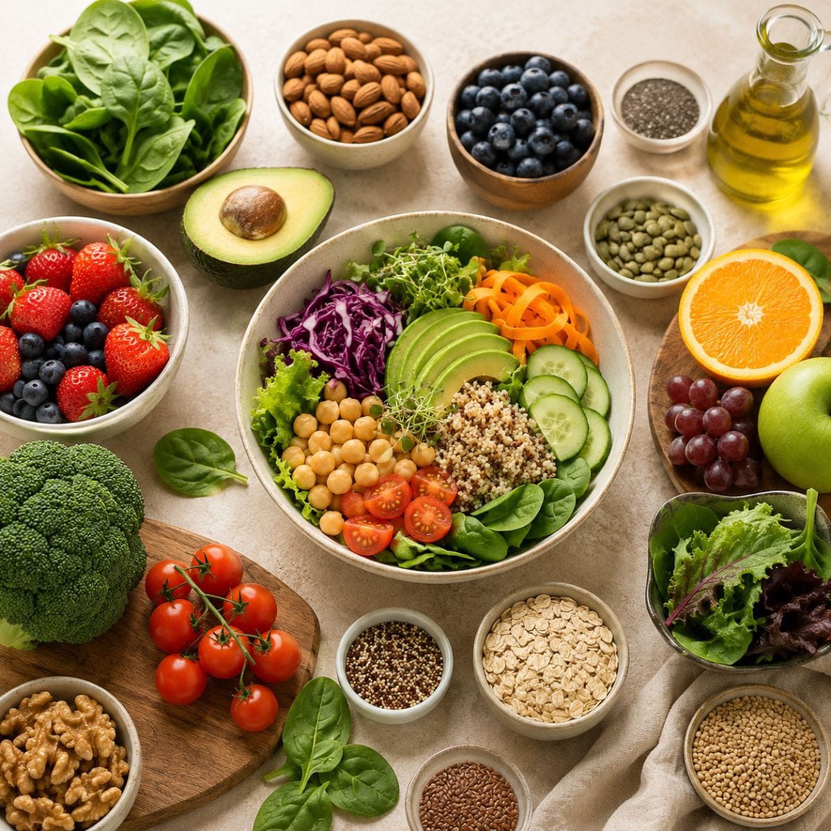 Alimentos saludables con frutas, verduras, frutos secos y cereales integrales