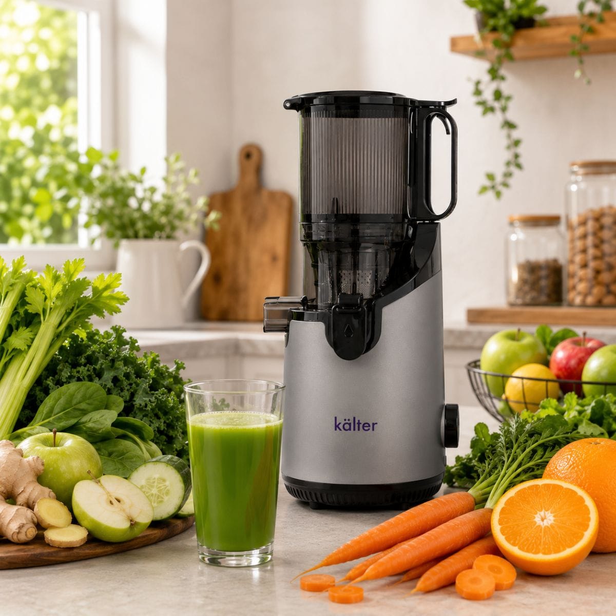 Extractor de jugo prensado en frío KALTER con frutas y verduras frescas