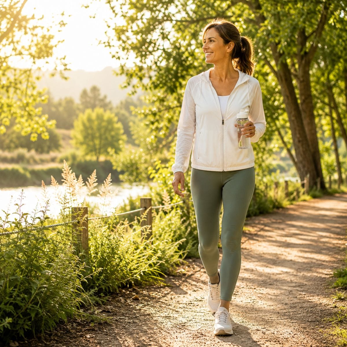 Mujer disfrutando una vida saludable con actividad física, hidratación y contacto con la naturaleza