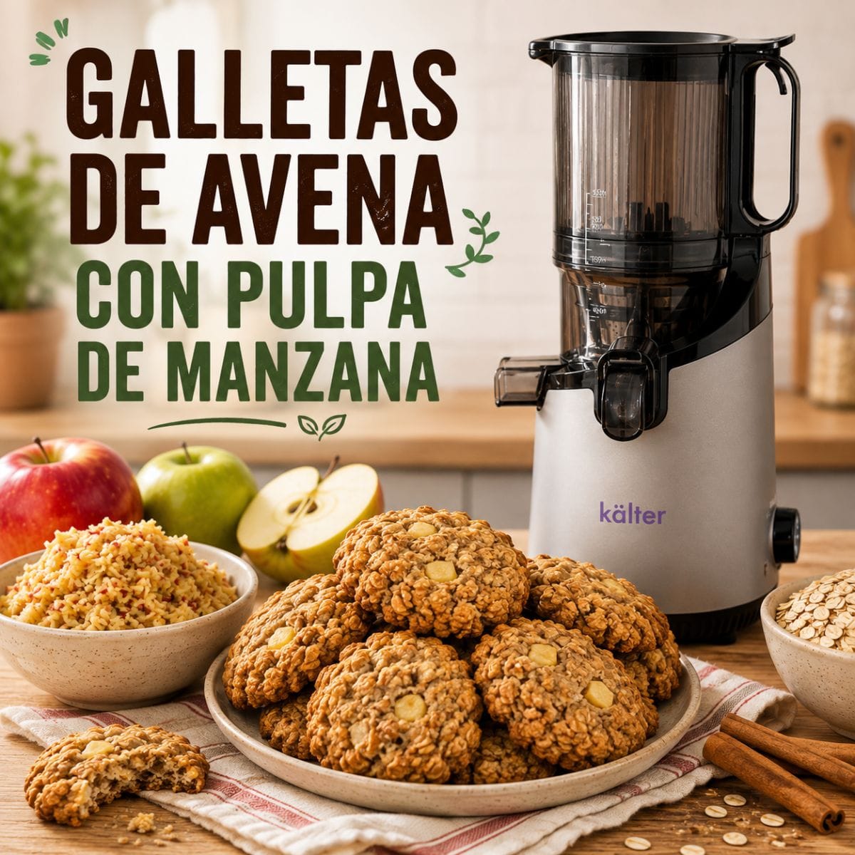 Galletas de avena con pulpa de manzana preparadas con el Extractor de Jugo Prensado en Frío KALTER junto a manzanas, avena y canela.
