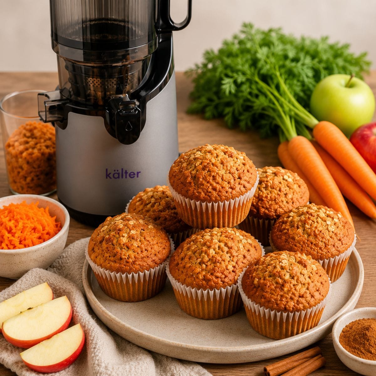 Muffins de zanahoria y manzana preparados con pulpa del extractor, acompañados del Extractor de Jugo Prensado en Frío KALTER