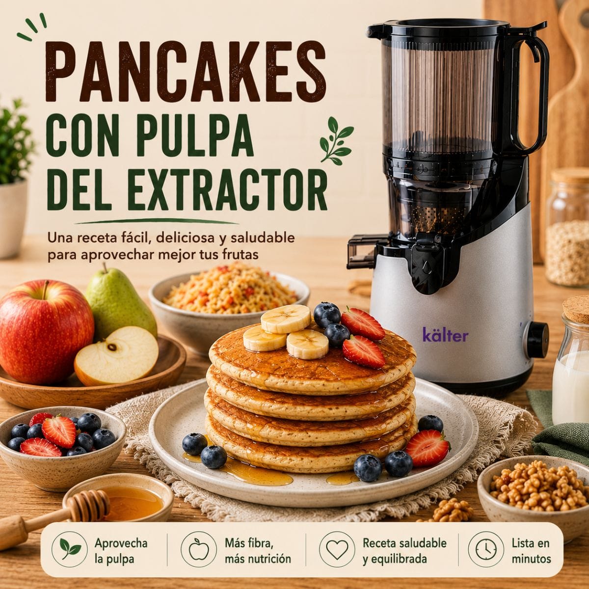 pancakes caseros preparados con pulpa del extractor de jugo KALTER, acompañados de frutas frescas, miel y el Extractor de Jugo Prensado en Frío KALTER.