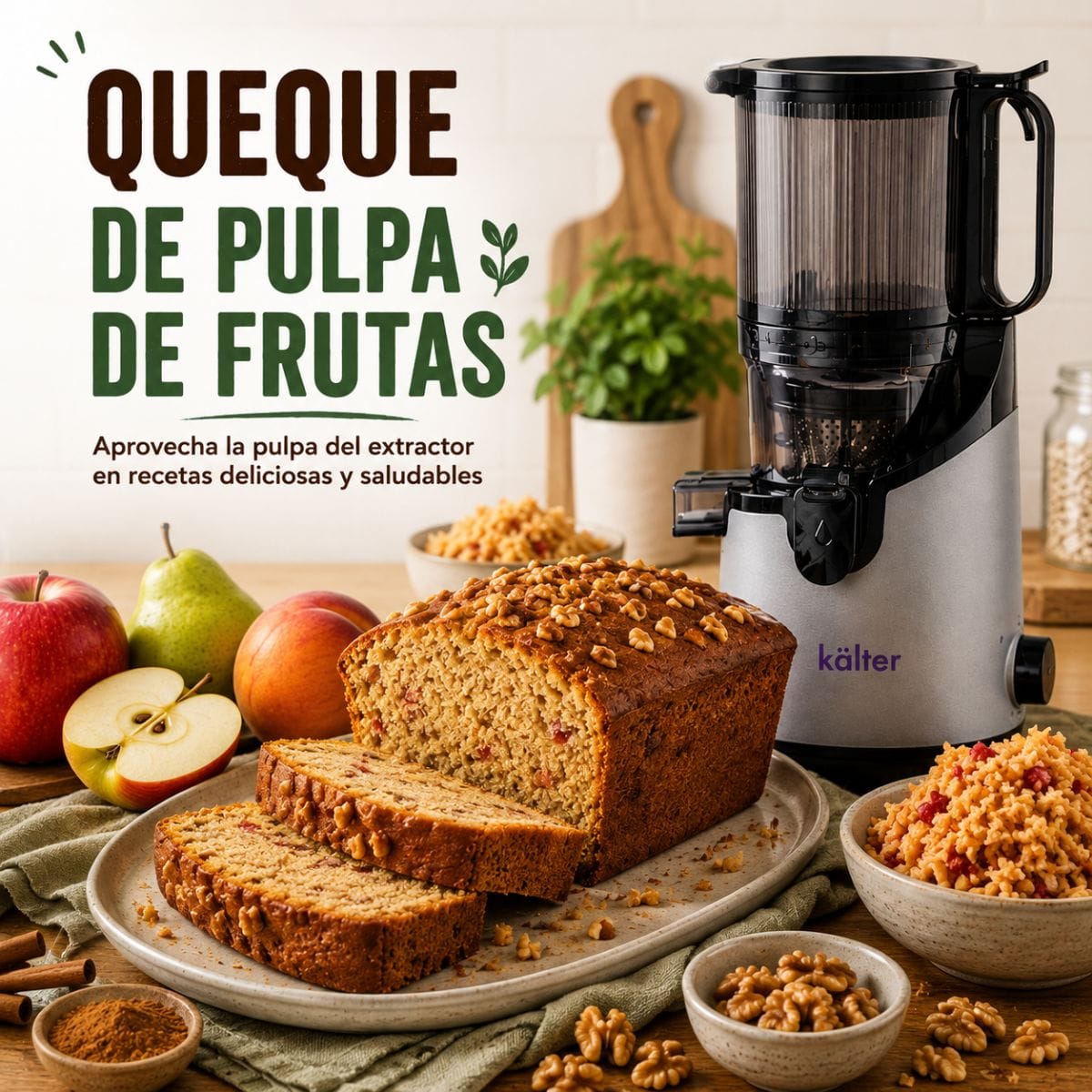 Imagen de un queque casero elaborado con pulpa de frutas obtenida del Extractor de Jugo Prensado en Frío KALTER. Una receta saludable para aprovechar mejor las frutas, reducir el desperdicio y disfrutar un desayuno, once o colación llena de sabor.