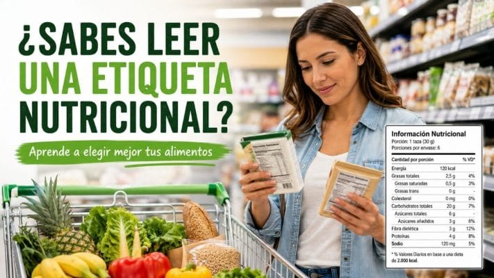 Persona comparando la etiqueta nutricional de dos alimentos en un supermercado mientras elige la opción más saludable para su compra.