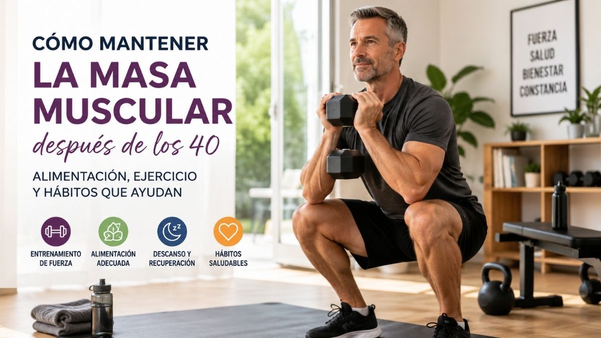 Hombre mayor de 40 años realizando entrenamiento de fuerza con mancuernas para mantener la masa muscular