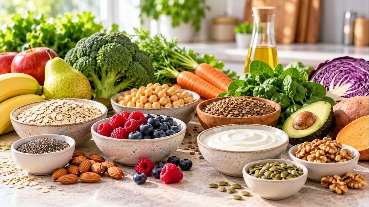 Alimentos ricos en fibra para cuidar la salud intestinal, con frutas, verduras, legumbres y avena