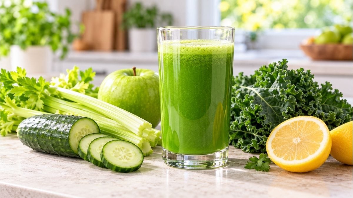Vaso de jugo verde natural con pepino, apio, manzana verde y kale.