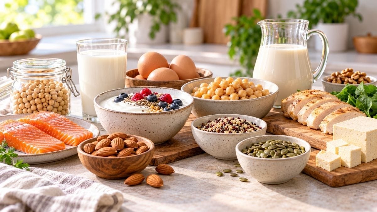 Alimentos ricos en proteínas como yogur, huevos, leche, garbanzos y frutos secos